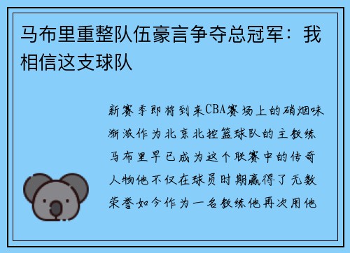 马布里重整队伍豪言争夺总冠军：我相信这支球队
