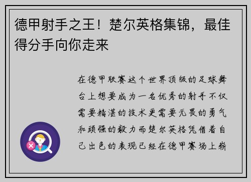 德甲射手之王！楚尔英格集锦，最佳得分手向你走来